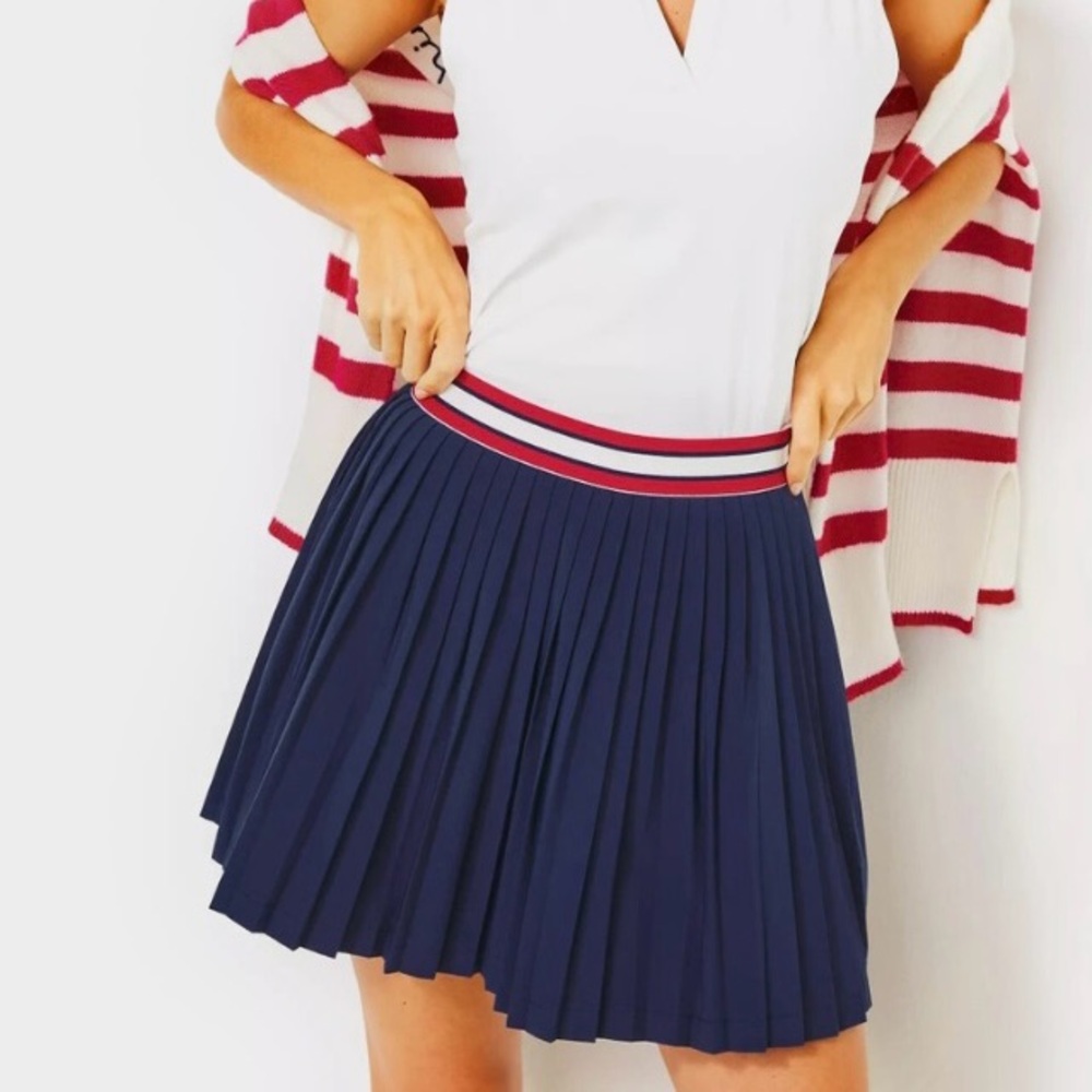 Lilly Pulitzer Navy Pleated Circle Skirt with Red & White Waistband